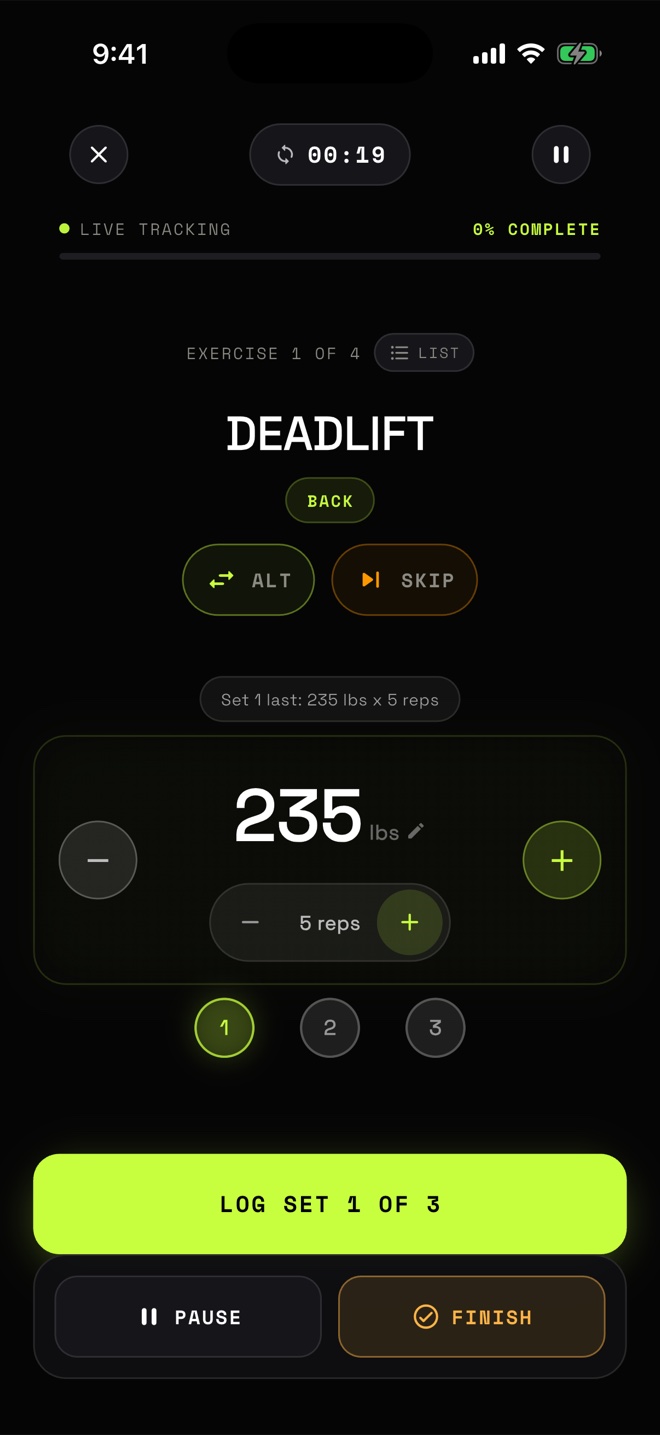 Active workout screen: Deadlift, last set 235 pounds for 5 reps, weight and rep steppers, Log set button.