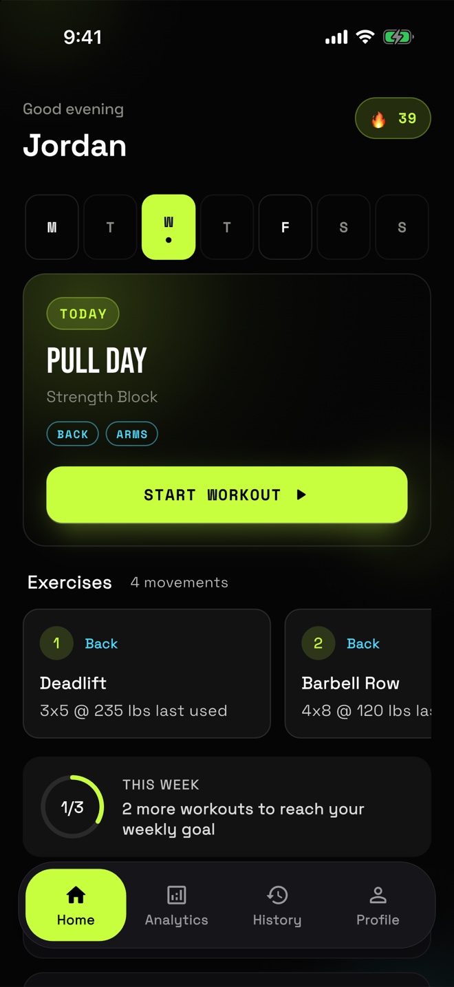 The client's app showing today's Pull Day from that program: Deadlift, Barbell Row and the rest of the day.