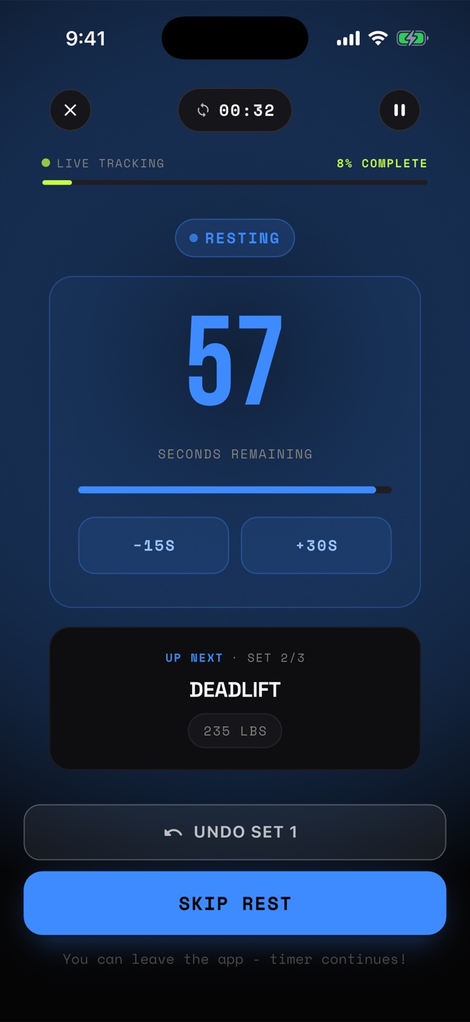 Rest timer screen counting down 57 seconds with the next set shown below.