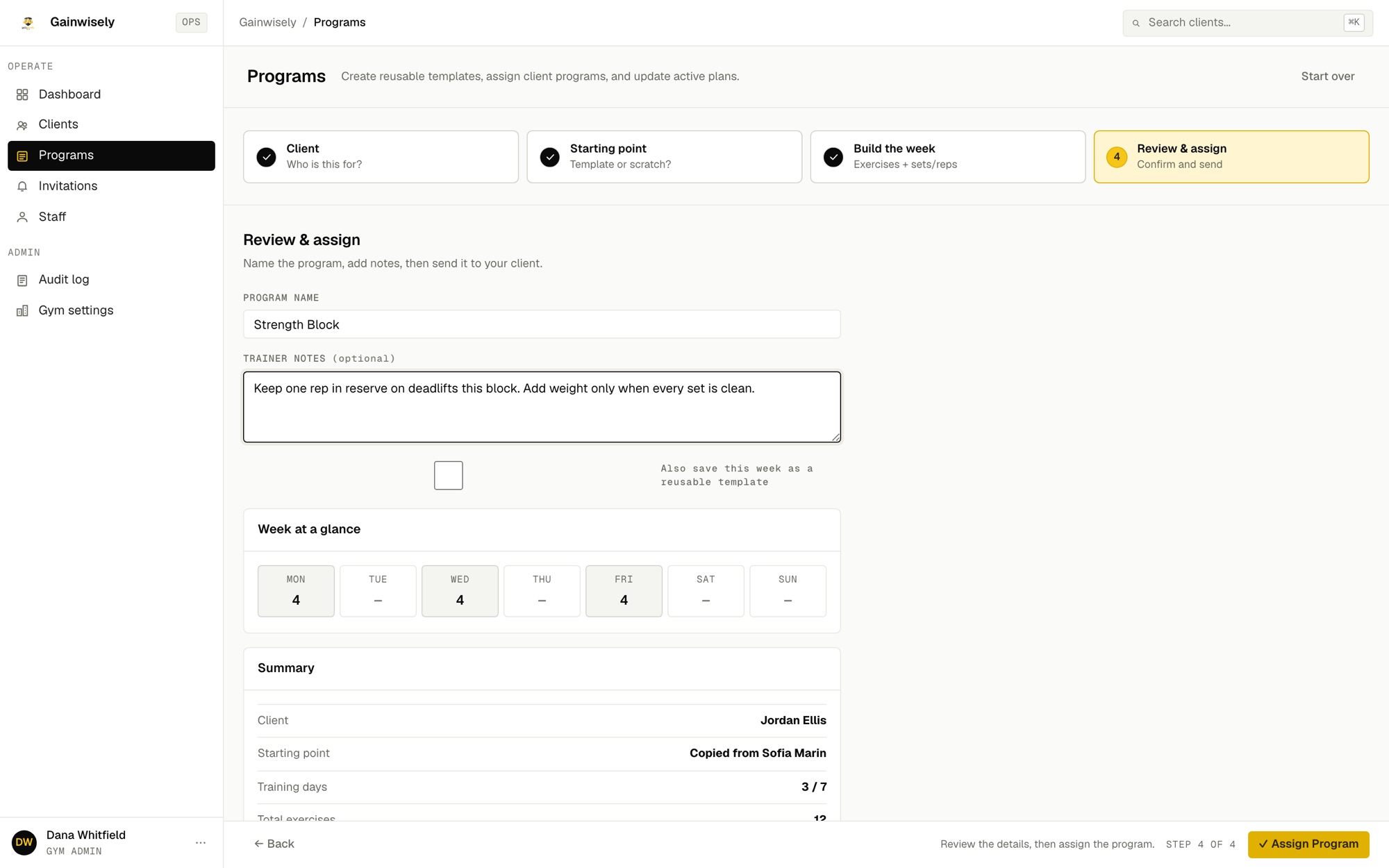 The portal's Review and assign step: program name, a trainer note for the client, the week at a glance, and an Assign Program button.