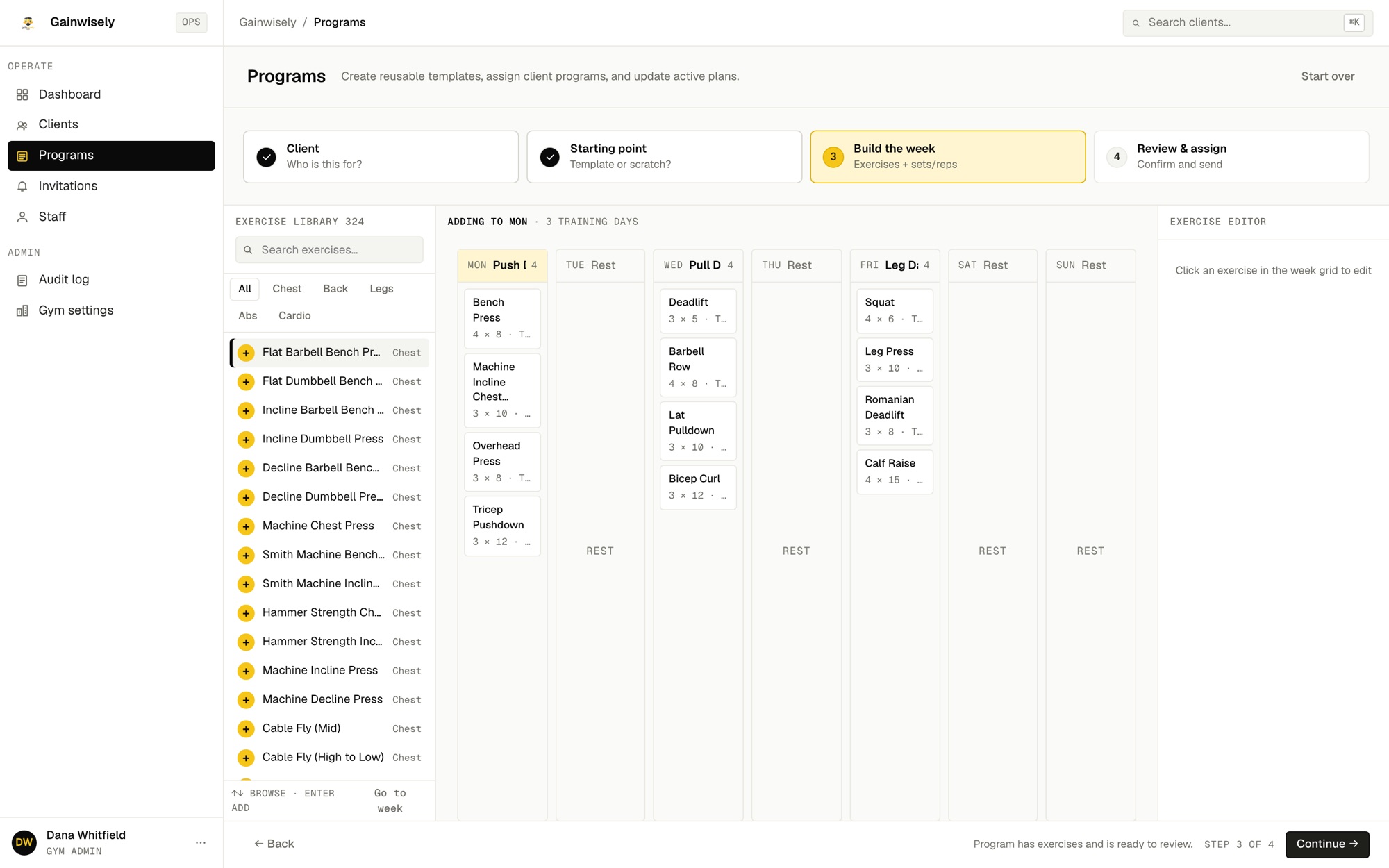 The Gainwisely program builder: an exercise library on the left and a week grid with Push, Pull and Leg days filled in.