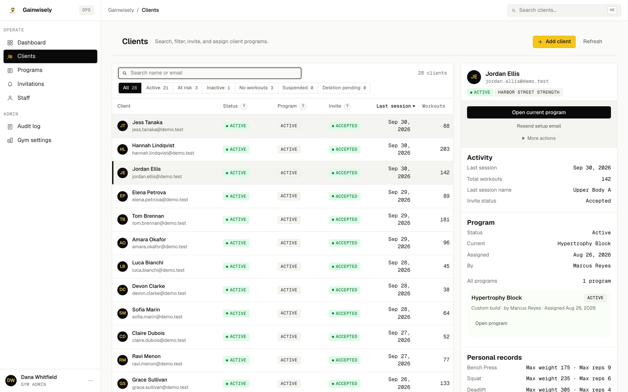 The portal client roster with filters and a detail panel for one client showing last session, program and personal records.